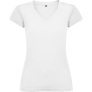 A white women's V-neck T-shirt with short sleeves, featuring a logo on the front.