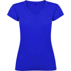 A blue V-neck T-shirt with short sleeves and a fitted style. It features a logo on the label.