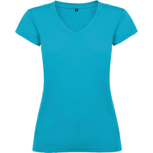 A turquoise v-neck t-shirt with short sleeves, featuring a logo on the front.
