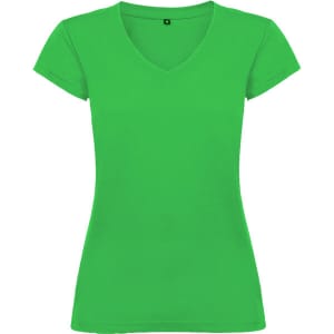 A green Victoria T-Shirt with a V-neck and short sleeves, featuring a branding logo.