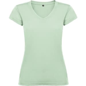 A light green V-neck T-shirt featuring short sleeves and a streamlined design. It includes a branding logo.