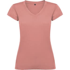 A pink V-neck T-shirt with short sleeves, featuring a simple design and a logo.