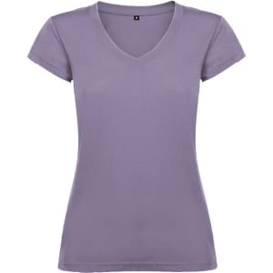 A lilac V-neck women's t-shirt with short sleeves and a fitted silhouette, featuring a logo.