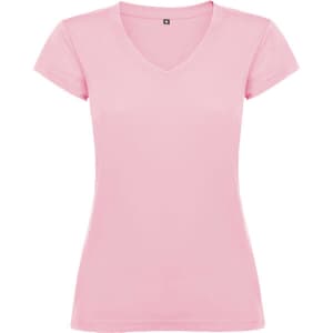 A pink Victoria T-Shirt featuring a V-neck design and short sleeves, with a branding logo on it.