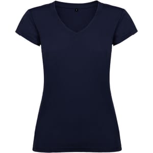 A navy blue women's T-shirt with a V-neck and short sleeves, featuring a logo.