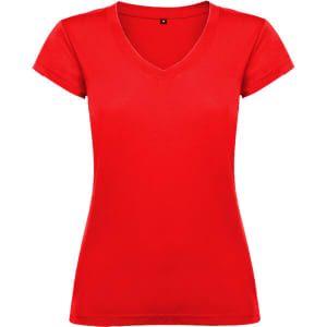 A red women's T-shirt with short sleeves and a V-neck design. It features a logo at the neckline.