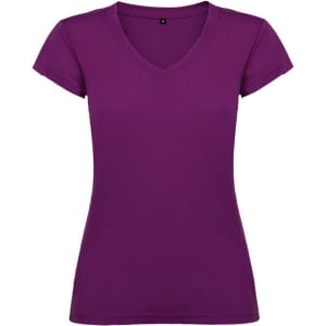 A purple women's V-neck T-shirt featuring short sleeves and a fitted design. It has a logo on the label.