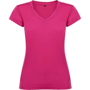 A pink Victoria T-Shirt with short sleeves and a V-neckline. It has a simple design and includes a logo.