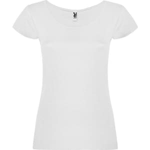 A white T-shirt with a scoop neckline and short sleeves, featuring a logo on the label.