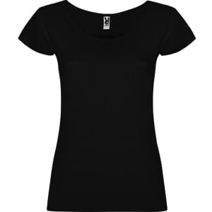 A black fitted T-shirt with a scoop neck and short sleeves, featuring a label inside.