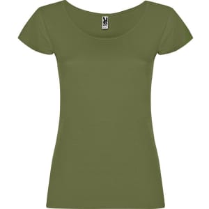 A green women's t-shirt with short sleeves and a scoop neckline. It features a label inside.