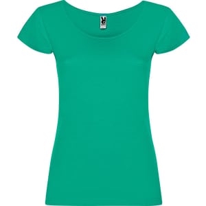 A green T-shirt featuring a scoop neckline and short sleeves, with a brand label inside.
