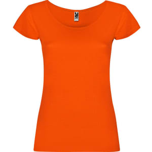 An orange T-shirt featuring a scoop neckline and short sleeves, with a logo on the label.