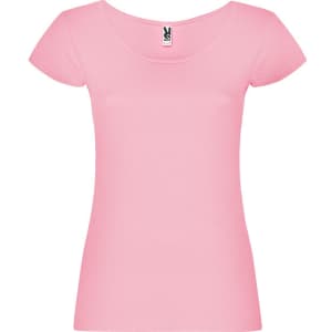 A pink T-shirt with short sleeves and a scoop neckline. It features a logo on the label inside.