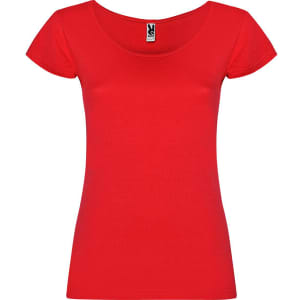 A red T-shirt with a scoop neckline and short sleeves. It features a logo label at the collar.