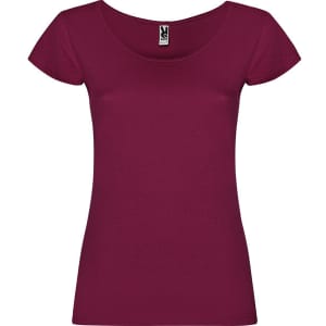 A maroon T-shirt with short sleeves and a scoop neckline, featuring a logo on the label.