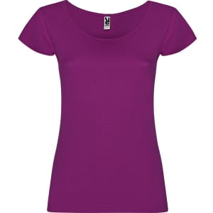 A purple T-shirt with a scoop neck and short sleeves. It features a label but no visible branding.