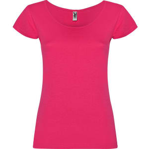 A pink T-shirt with a scoop neckline and short sleeves, featuring a brand label inside.