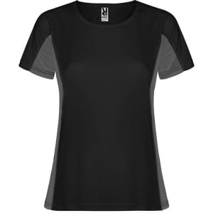 A black women's T-shirt with short sleeves and a mesh panel design, featuring a logo on the label.