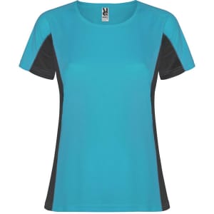A women's t-shirt in turquoise blue with black side panels and a logo on the tag.