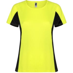 A vibrant yellow women's T-shirt with black side panels and a logo on the collar.