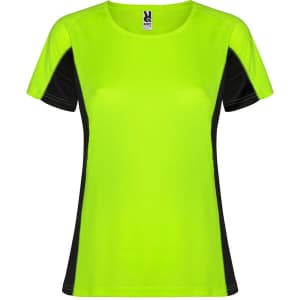 A vibrant women's T-shirt in bright lime green with contrasting black panels and a logo.