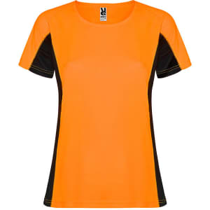 An orange women's T-shirt with black side panels and a logo on the label.