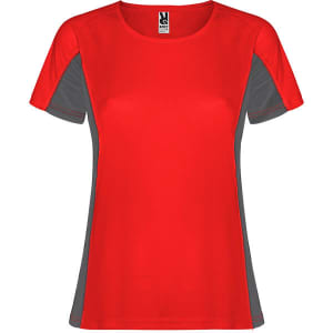 A red women's t-shirt with grey accents and a logo on the neckline. Short sleeves and a round neckline.