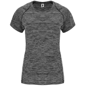 A grey women's T-shirt with a striped pattern and short sleeves, featuring a logo on the label.