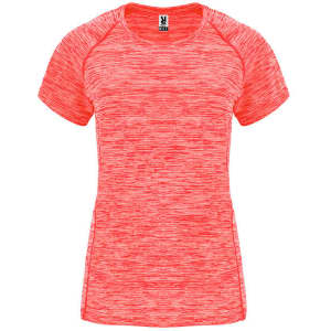 A women's t-shirt in a vibrant coral colour with a textured design and short sleeves. Features a logo.