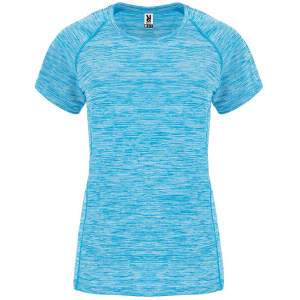 A light blue women's T-shirt with a textured design and a logo on the neckline.
