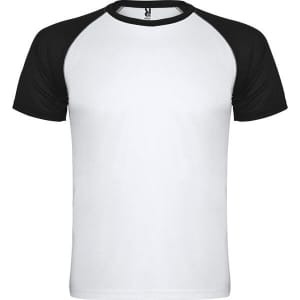 A white T-shirt with black raglan sleeves, featuring a logo on the front.