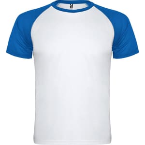 A T-shirt featuring a white body and blue raglan sleeves, with a logo on the neckline.