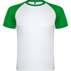A T-shirt featuring a white body and green raglan sleeves, with a branding label at the collar.