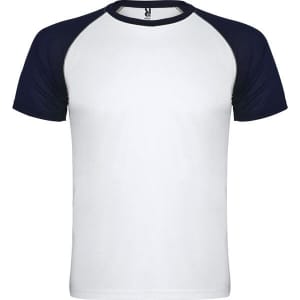 A T-shirt featuring a white body and navy blue raglan sleeves, with a logo on the collar.