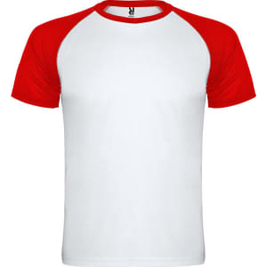 A T-shirt with a white body and red raglan sleeves, featuring a logo on the collar.