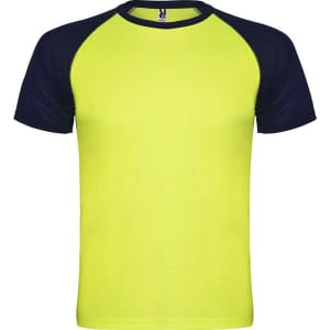 A vibrant yellow T-shirt with navy blue raglan sleeves and a logo. Ideal for casual wear.