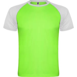 A bright green T-shirt with grey raglan sleeves and a simple design. It features a logo on the upper back.