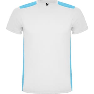 A white T-shirt with light blue accents on the shoulders. It features a logo on the collar.