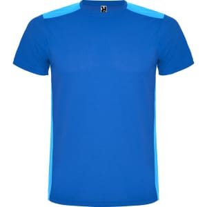 A blue T-shirt with lighter blue accents and a logo on the neckline. Suitable for casual wear.
