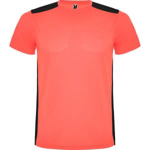 A bright coral T-shirt featuring black detailing on the shoulders and sides. It includes a logo on the front.