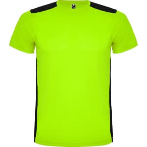 A bright yellow T-shirt featuring black side panels and a logo on the front.