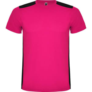 A pink T-shirt with black side panels and a logo on the collar.