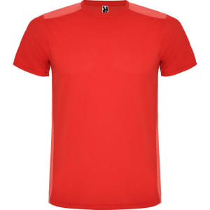 A red t-shirt with short sleeves, featuring a branding logo at the neckline.