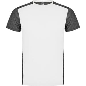 A white T-shirt with dark grey sleeves and side panels, featuring a logo on the collar.