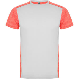 A T-shirt with a grey body and coral-red sleeves, featuring a logo on the neckline.
