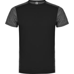 A black T-shirt featuring grey shoulder panels and a logo on the collar. Short sleeves and a classic fit design.