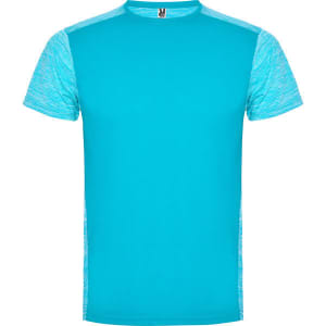 A turquoise T-shirt with contrasting light blue sleeves and a logo on the collar.
