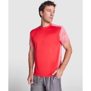 A red T-shirt with textured sleeves, featuring a logo. Designed for casual wear.