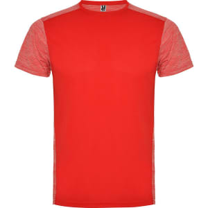 A red T-shirt with grey sleeves and side panels, featuring a logo on the neckline.